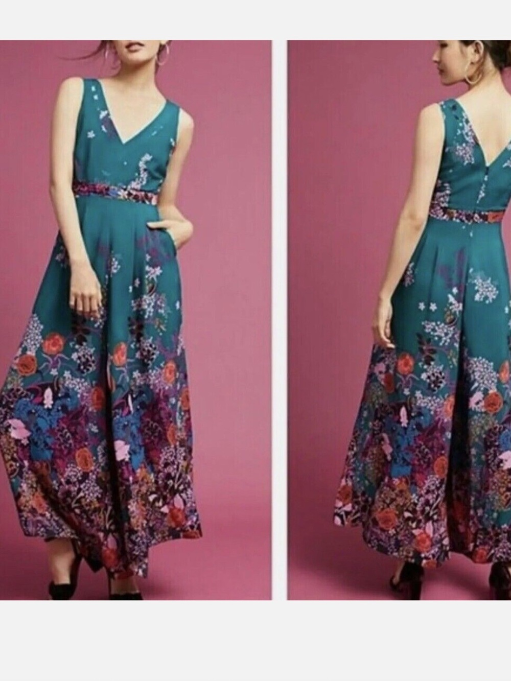 Maeve Teal Sleeveless Andalusia Floral  Jumpsuit